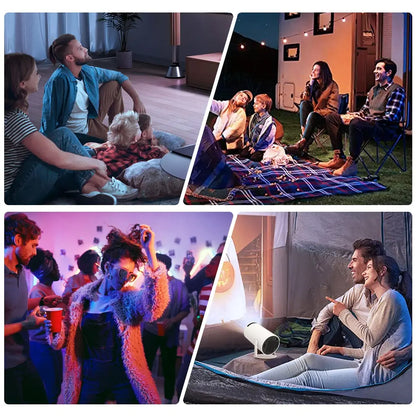 Collage of people enjoying outdoor and indoor activities with a HY300 Smart Projector.