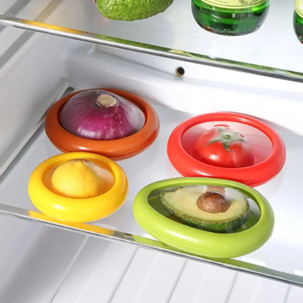Colorful silicone lids on vegetables inside a refrigerator.