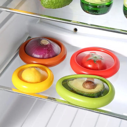 Colorful silicone lids on vegetables inside a refrigerator.