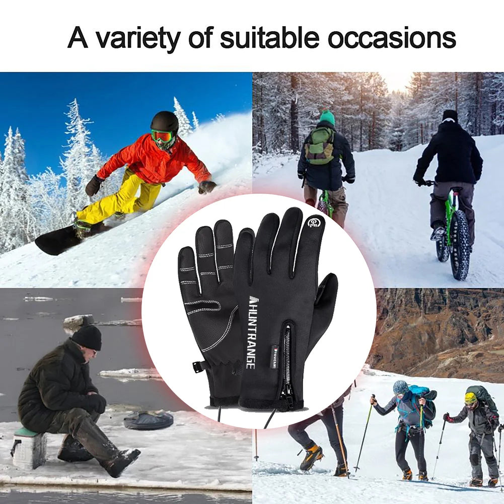 Black gloves with 'Aventane' branding surrounded by winter activities like snowboarding, cycling, and skiing.
