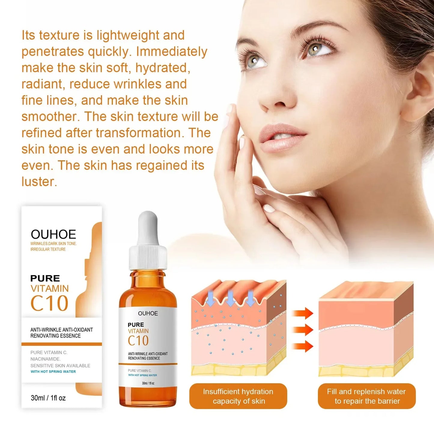 OUHOE Pure Vitamin C10 skincare product with text on skin benefits and a woman touching her face.