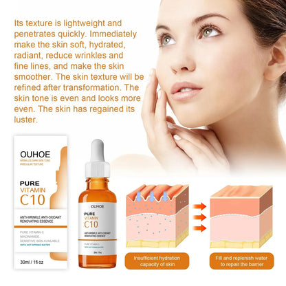 OUHOE Pure Vitamin C10 skincare product with text on skin benefits and a woman touching her face.