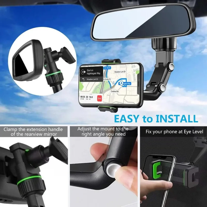 Car phone mount with installation steps and smartphone displaying a navigation app.