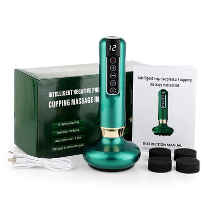 Green massage instrument with packaging, instruction manual, and attachments on a white background