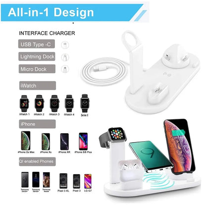 All-in-1 charging station with multiple device connectors on a white background