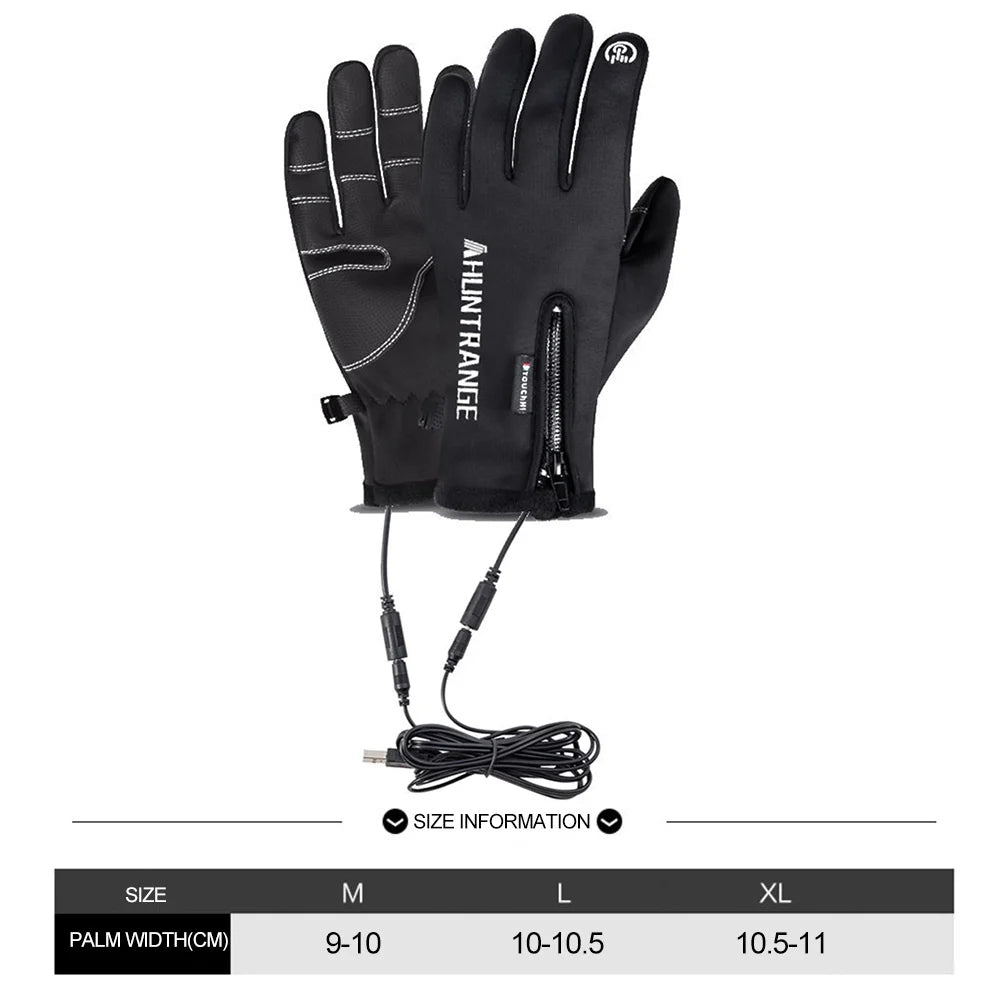 Black heated glove with cable and size information on a white background