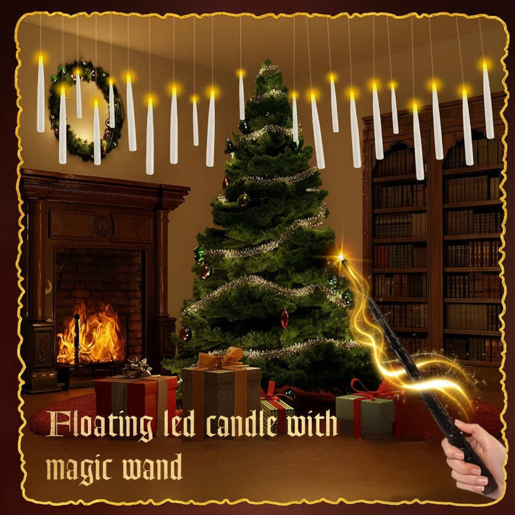 Decorative LED candles with a magic wand in a festive room with a Christmas tree and fireplace.