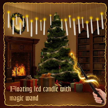 Decorative LED candles with a magic wand in a festive room with a Christmas tree and fireplace.