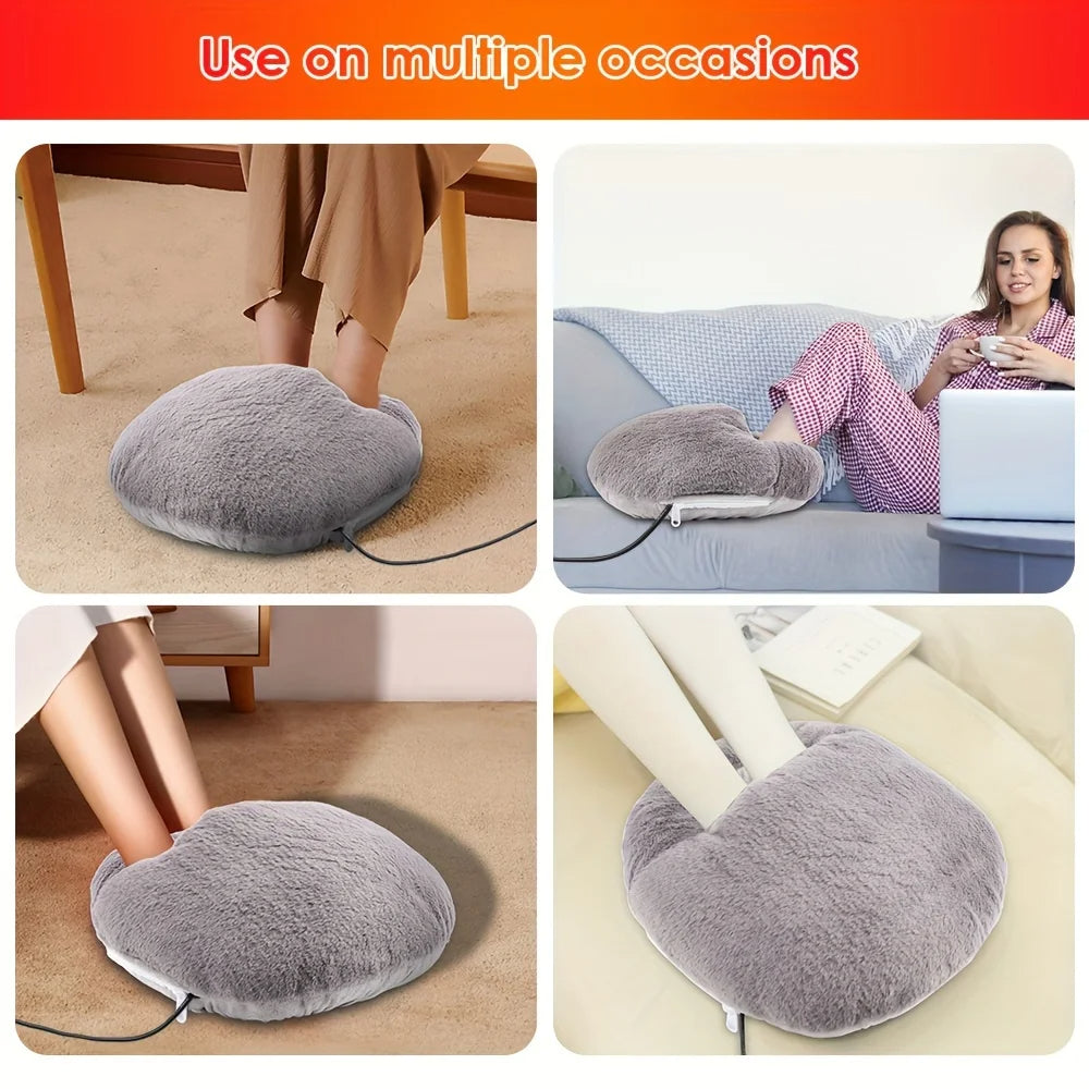 Gray foot warmer being used in various settings with text 'Use on multiple occasions'.