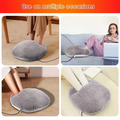 Gray foot warmer being used in various settings with text 'Use on multiple occasions'.