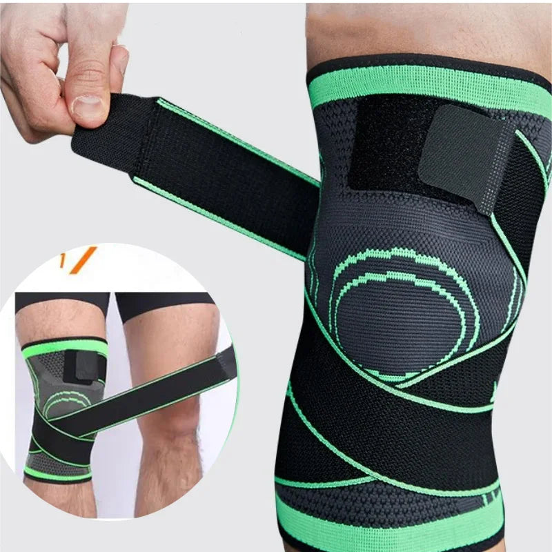 Black and green knee brace being worn on a person's knee with an inset showing a close-up.