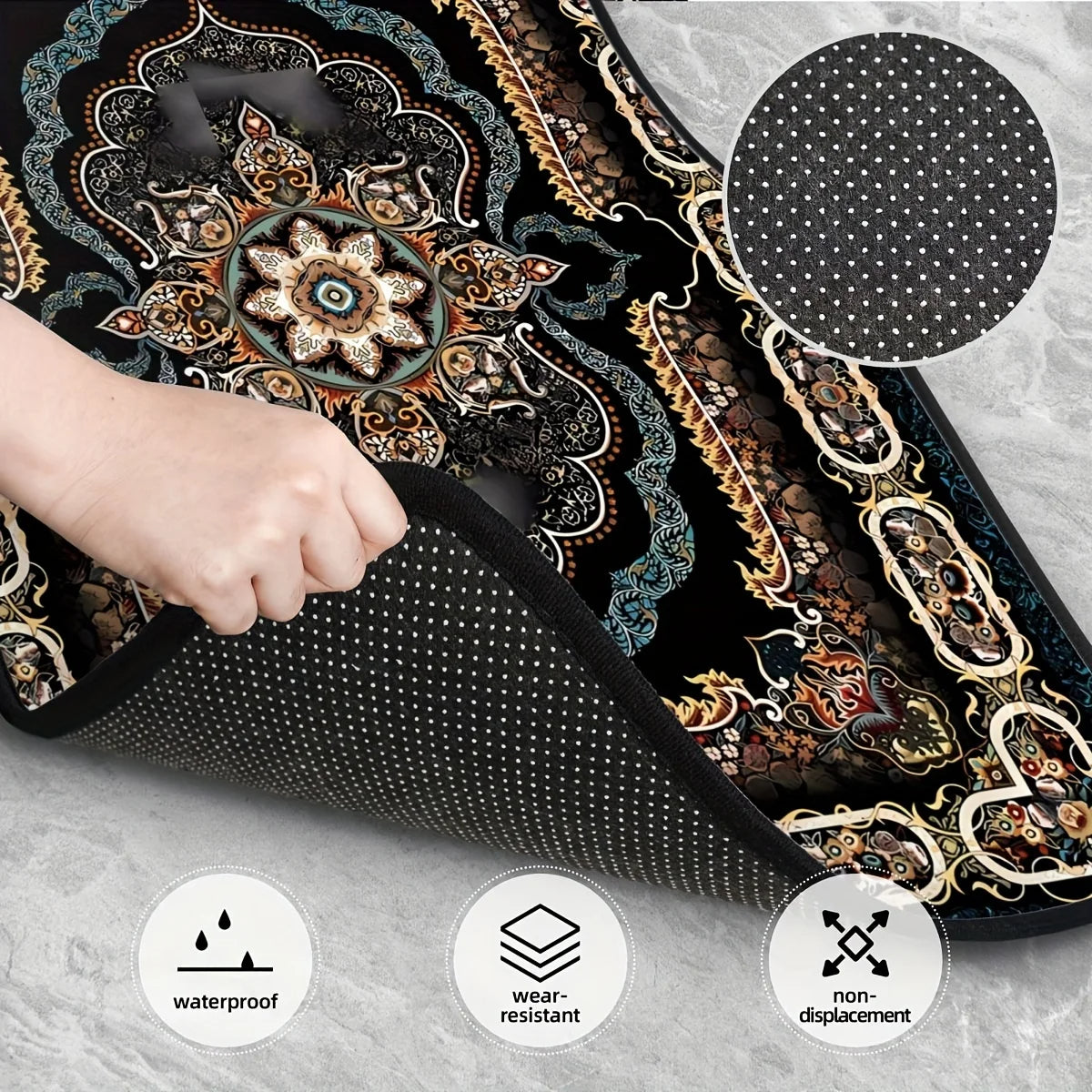 Decorative rug with intricate patterns being rolled out, showing waterproof, wear-resistant, and non-displacement features.