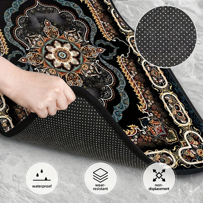 Decorative rug with intricate patterns being rolled out, showing waterproof, wear-resistant, and non-displacement features.