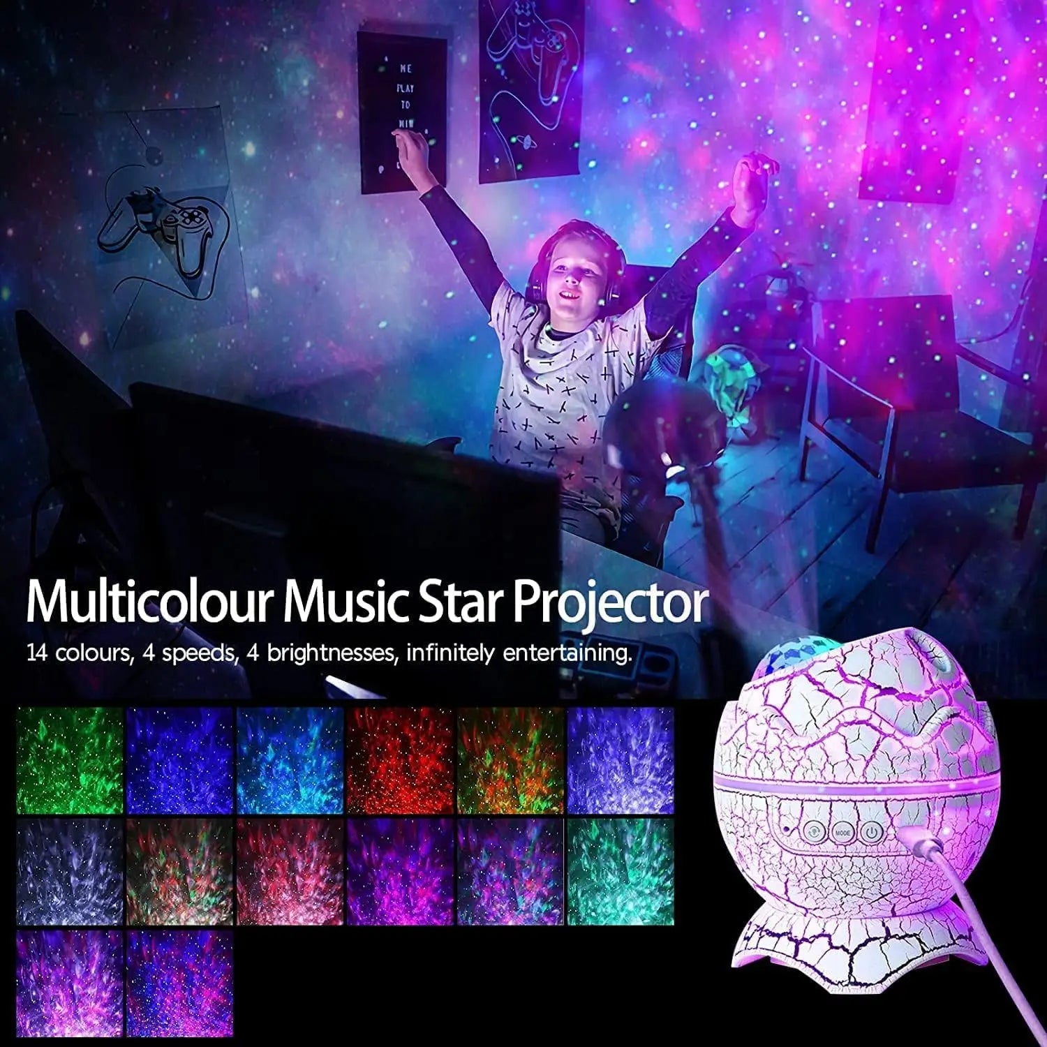 Multicolour Music Star Projector with user in room using it, showing colorful projections.