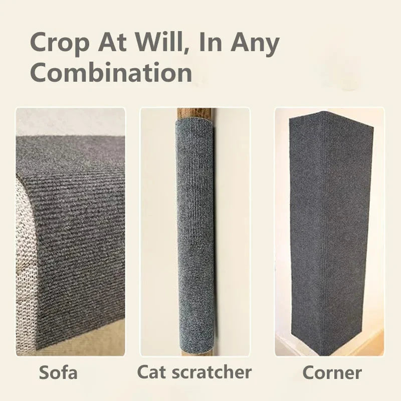 Gray carpeted furniture protectors on a sofa, cat scratcher, and corner.