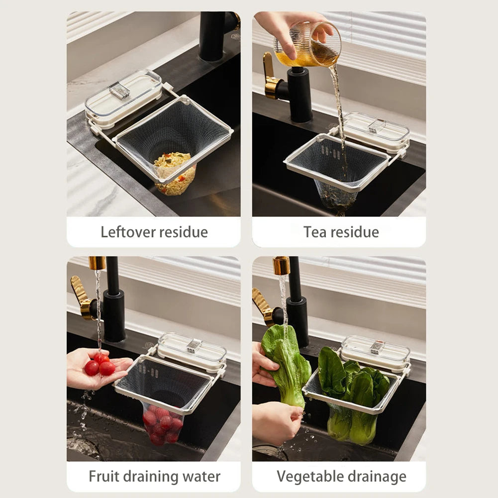 Collage of a kitchen sink with a drain basket collecting different types of residues and draining water.