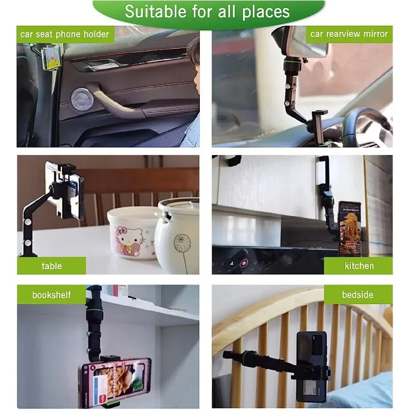 Collage of a phone holder in various locations including car, table, kitchen, and bookshelf.
