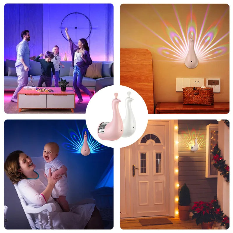 Collage of a peacock projection lamp being used in various settings, including a living room, bedroom, and outdoor area.