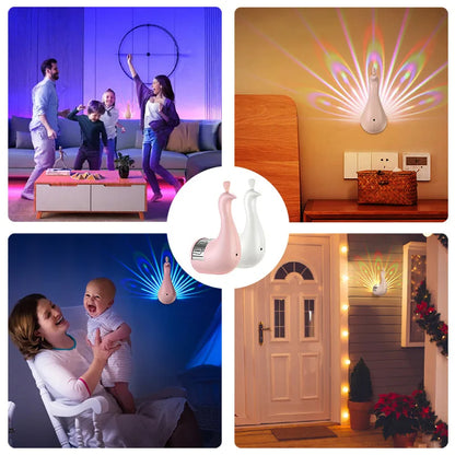 Collage of a peacock projection lamp being used in various settings, including a living room, bedroom, and outdoor area.