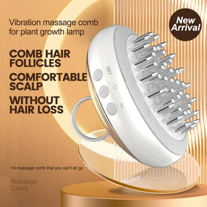 Vibration massage comb for plant growth lamp with text on a brown background