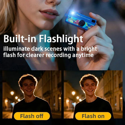 Person holding a small flashlight with text about its built-in flashlight feature, shown in use on a dark scene.