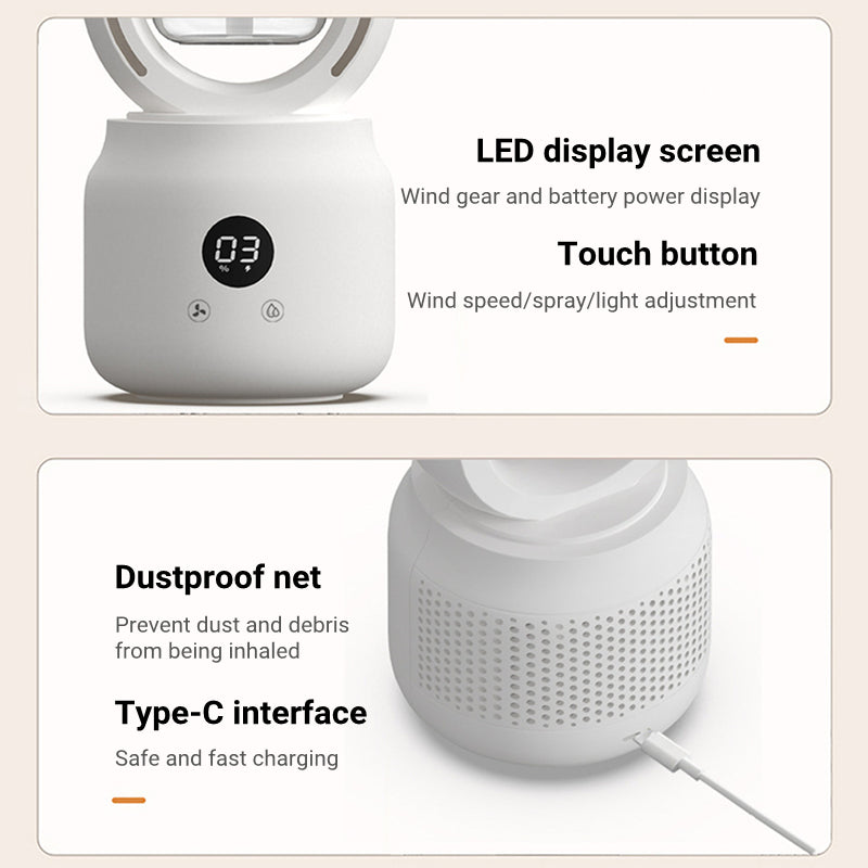 White air purifier with LED display screen, touch button, dustproof net, and Type-C interface on a beige background.