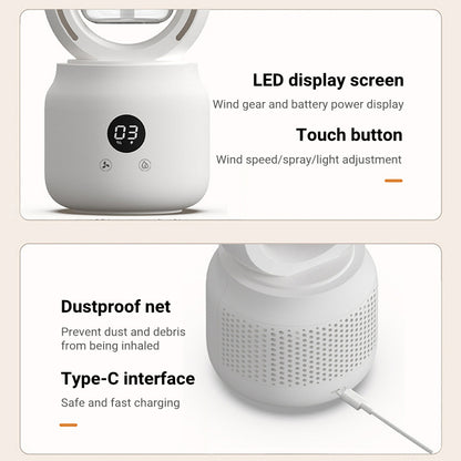 White air purifier with LED display screen, touch button, dustproof net, and Type-C interface on a beige background.