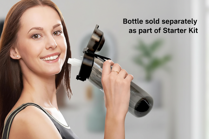 Woman holding a hair straightening tool with text about a starter kit and separate bottle.