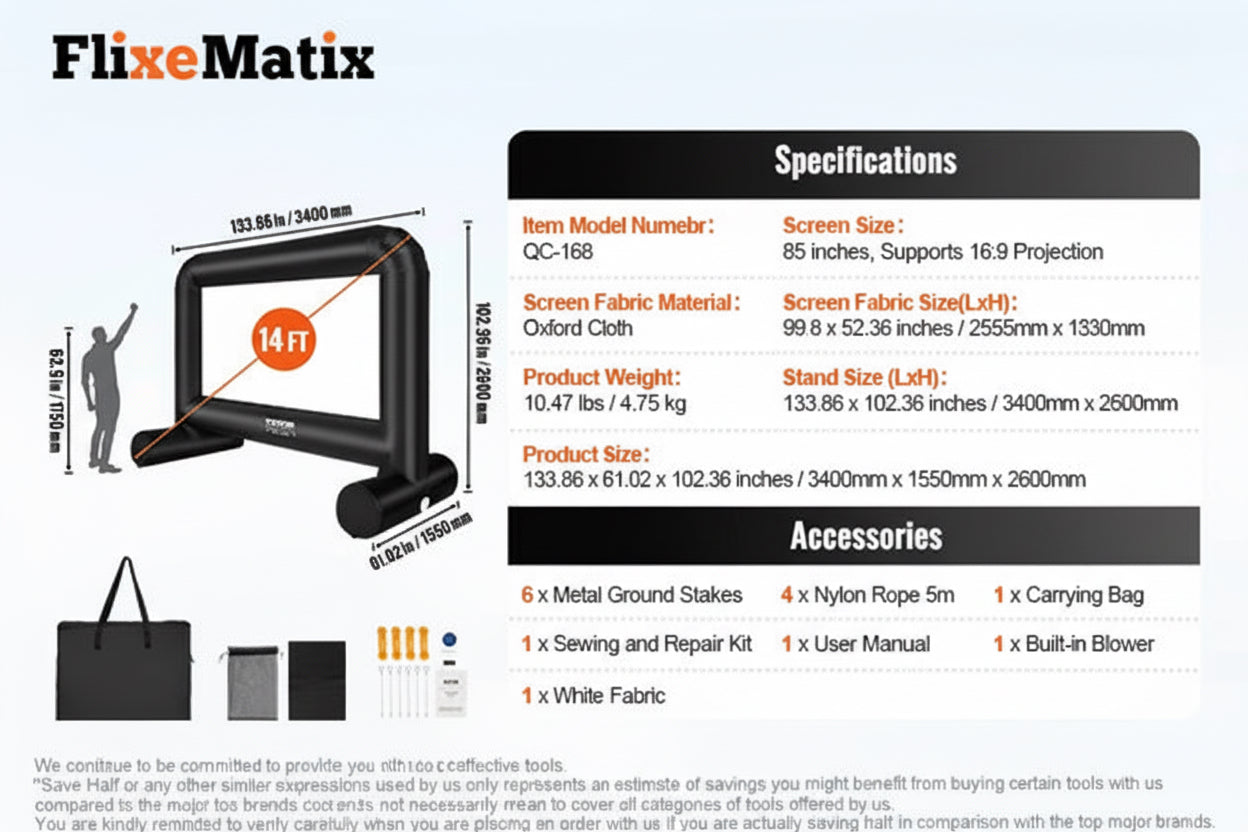 Inflatable 14 FT Inflaitable screen with FlixeMatix branding and specifications on a white background