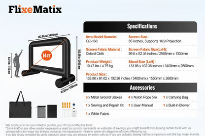 Inflatable 14 FT Inflaitable screen with FlixeMatix branding and specifications on a white background