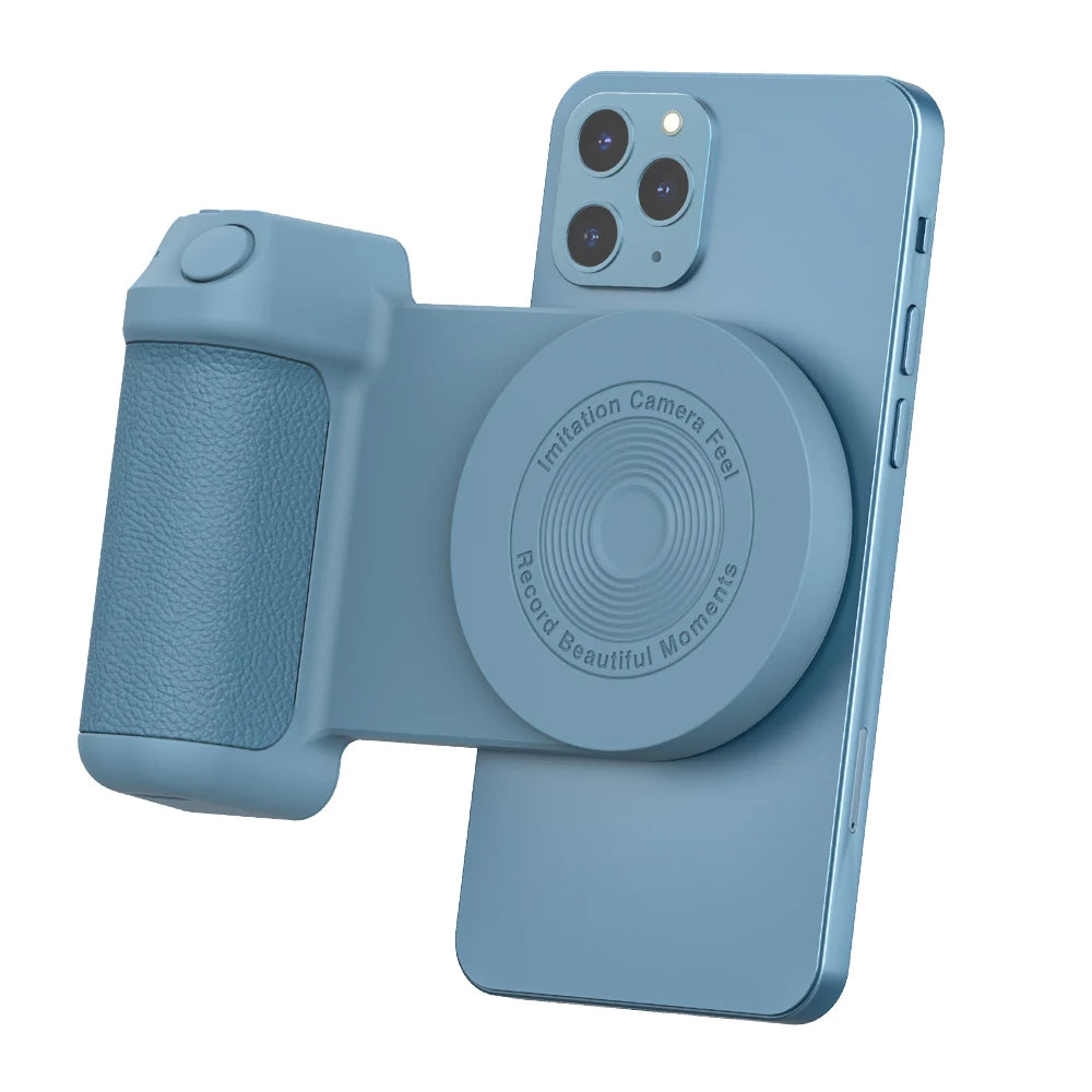 Blue phone case with camera lens protector and grip on a white background