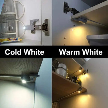 Comparison of cold white and warm white LED lights in a kitchen setting.