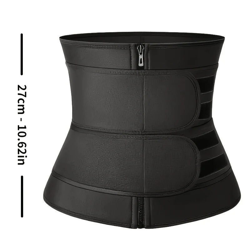 Black waist trainer with measurement details on a white background