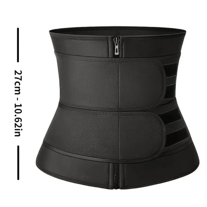 Black waist trainer with measurement details on a white background