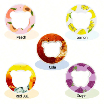 Five bottle openers with different flavors labeled on a white background