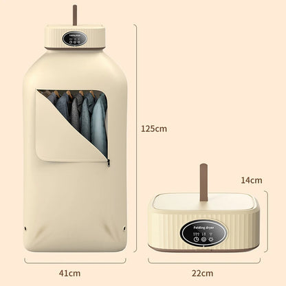 Beige fabric dryer with dimensions labeled on a beige background