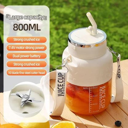 Juice cup with lid, blade, and measuring scale on a wooden surface with grass background
