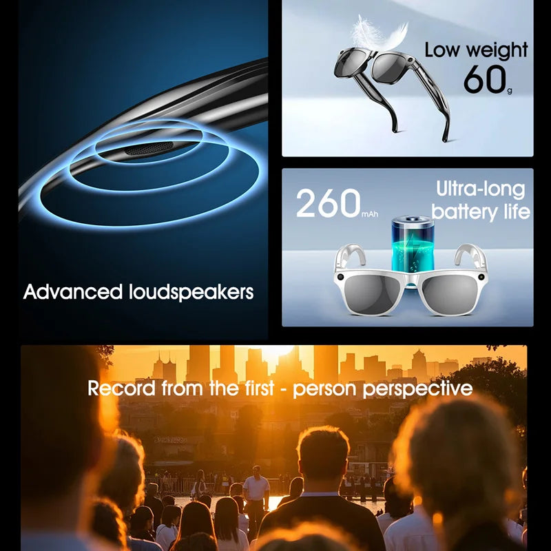 Product features including advanced loudspeakers, low weight, ultra-long battery life, and first-person perspective recording.