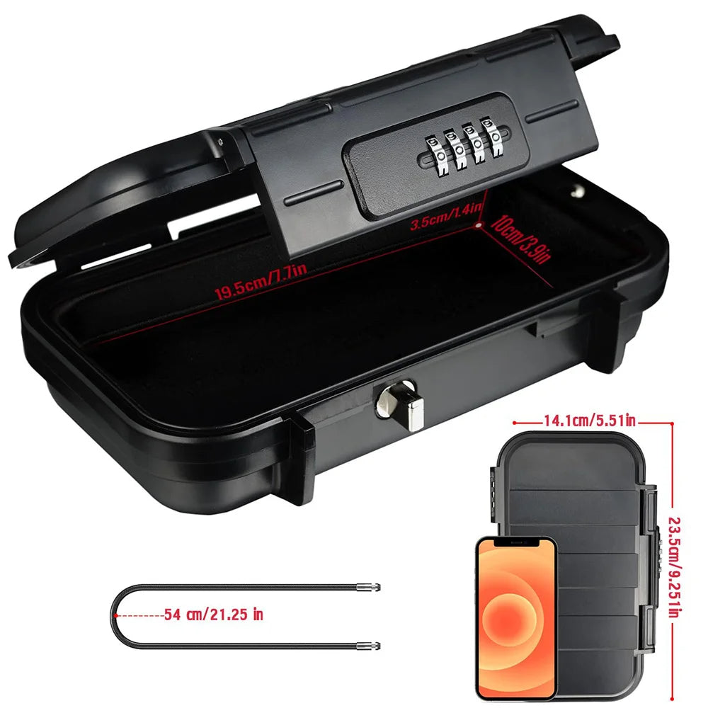Black lockable case with dimensions and smartphone for scale on a white background