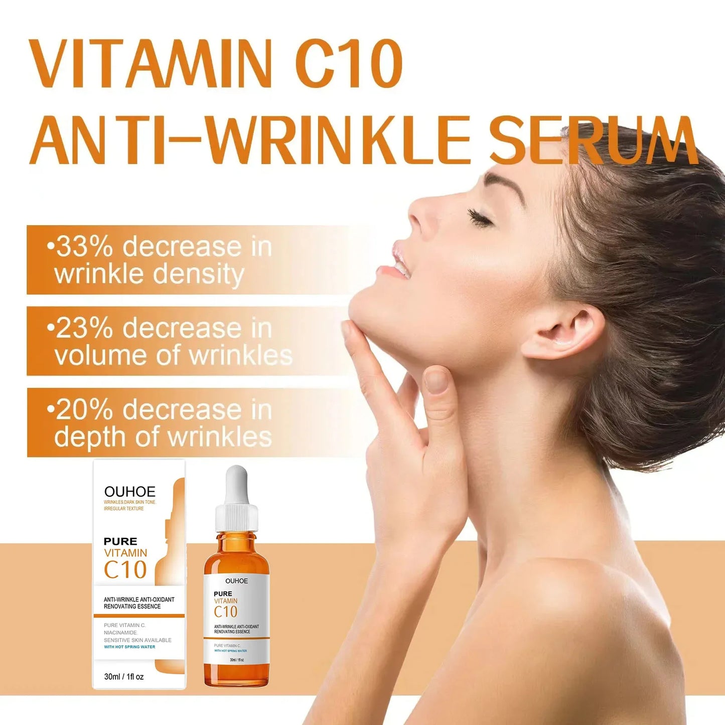 Advertisement for Vitamin C10 anti-wrinkle serum with a woman touching her face.