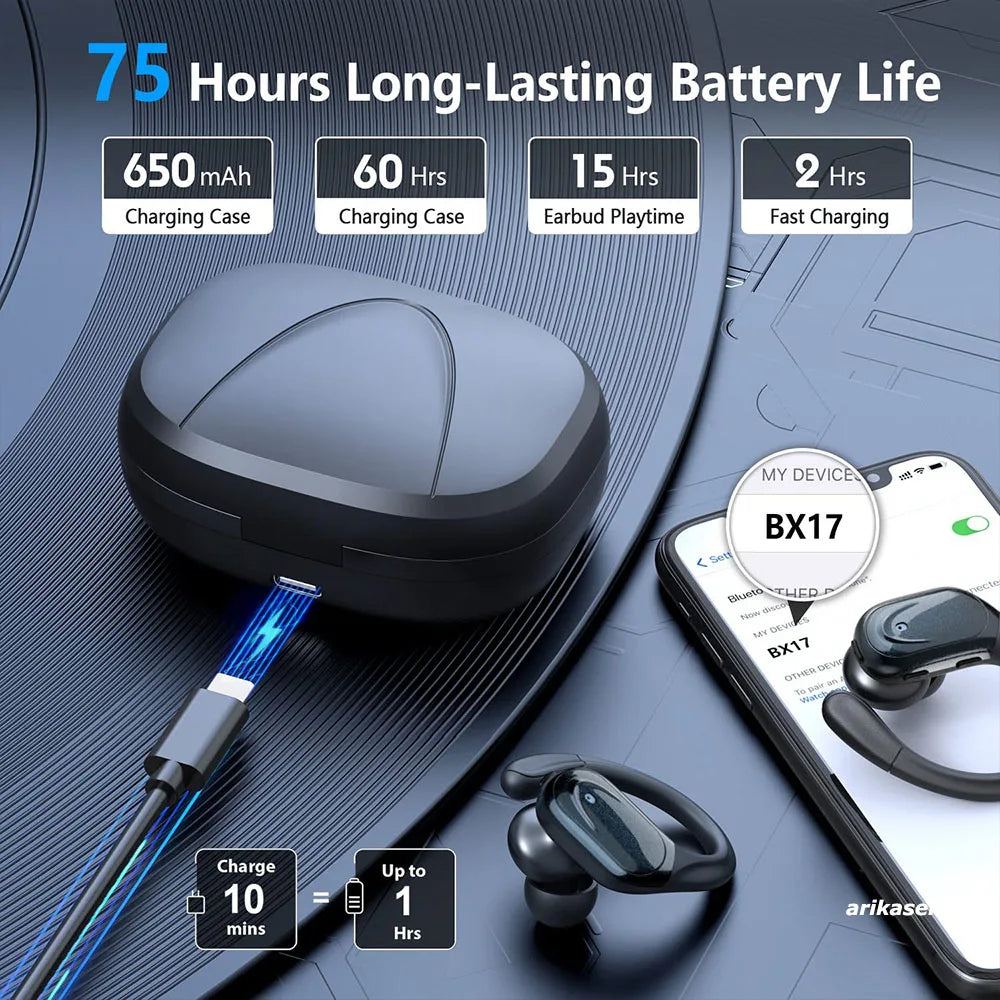 Wireless earbuds with charging case and smartphone displaying battery life on a blue background