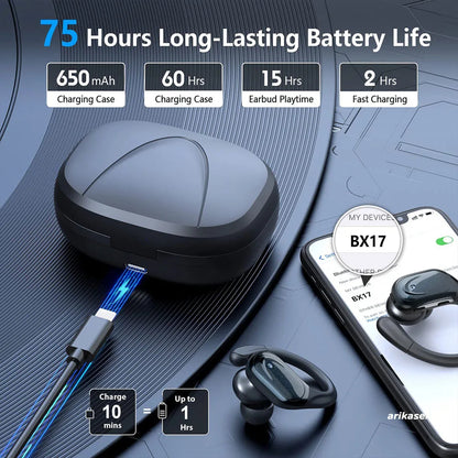 Wireless earbuds with charging case and smartphone displaying battery life on a blue background