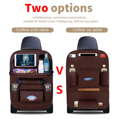 Two brown car seat covers with and without an unfolding tray, suitable for family travel.