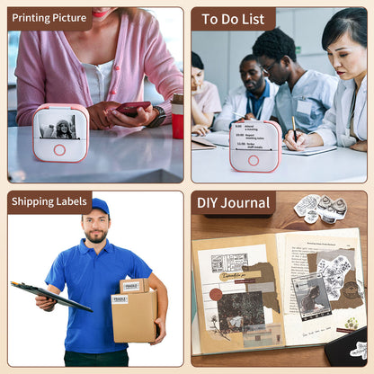 Collage of a product being used for printing pictures, creating a to-do list, shipping labels, and making a DIY journal.