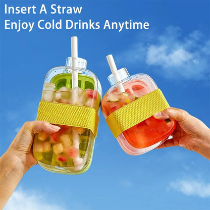 Two hands holding drinks with yellow holders and straws against a blue sky.