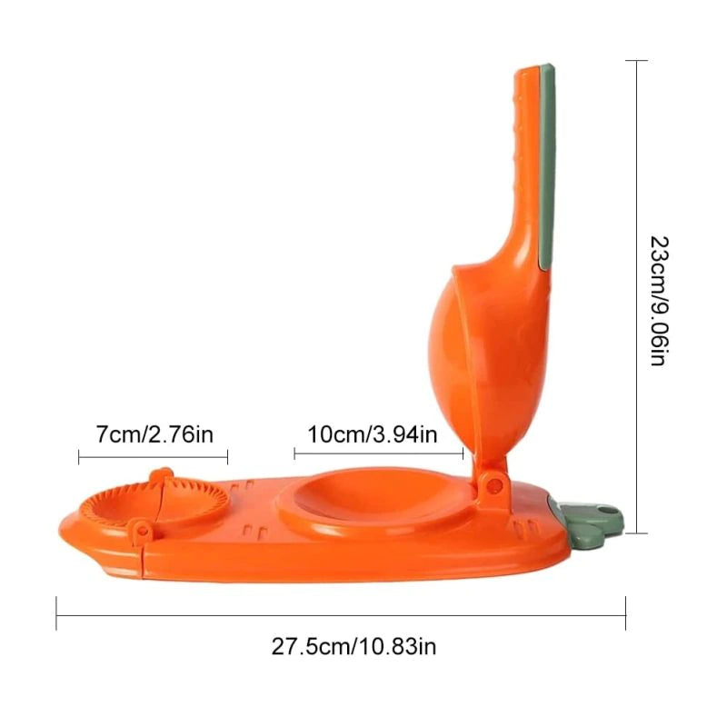 Orange toy with measurements on a white background