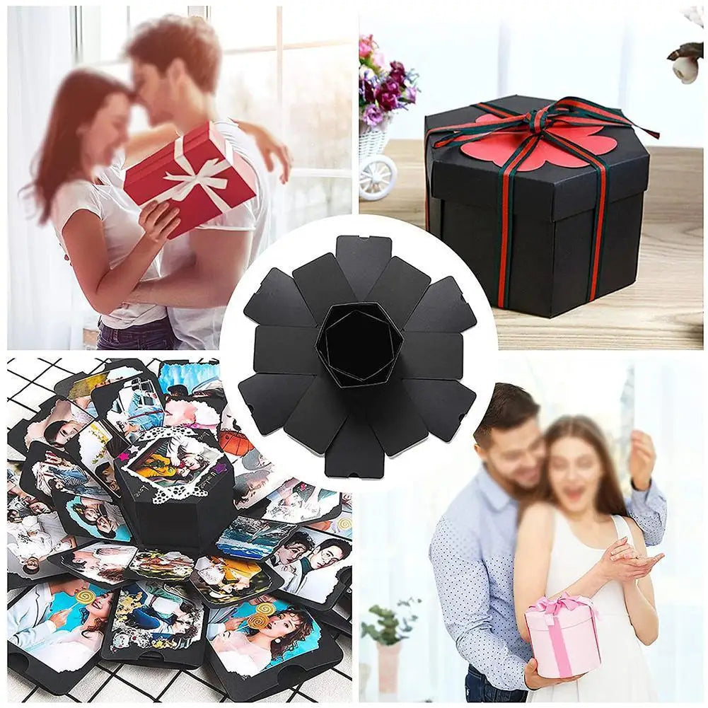 Collage of a black photo album, a couple with a gift, and a couple holding hands.