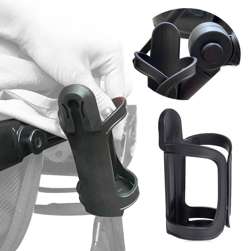 Black cup holder attached to a chair with close-up details on a white background