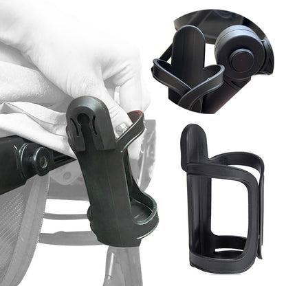 Black cup holder attached to a chair with close-up details on a white background