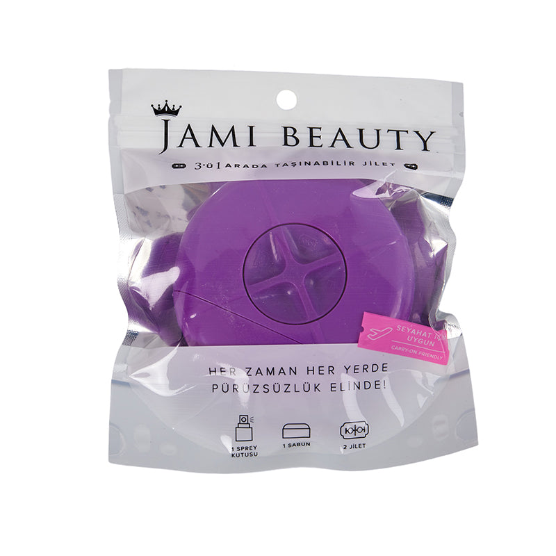 Purple product in a clear Jami Beauty packaging on a white background